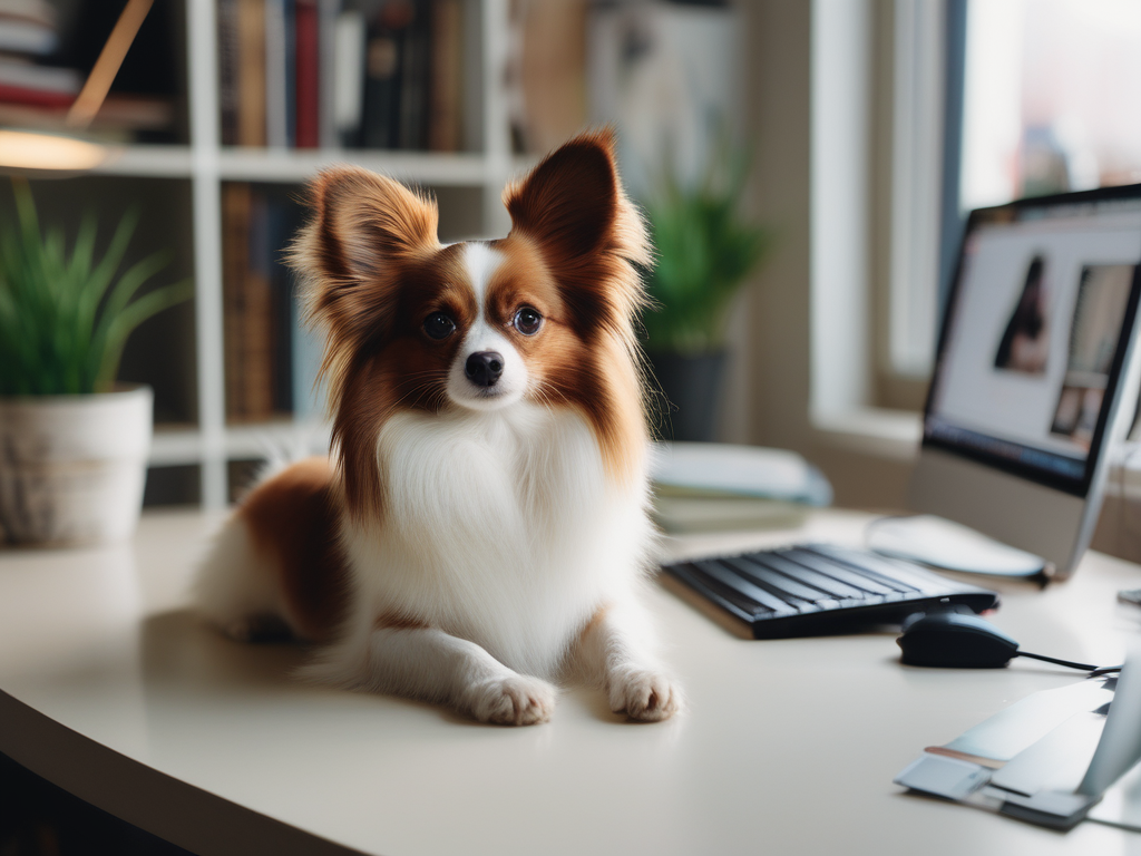 papillon dog with a computer