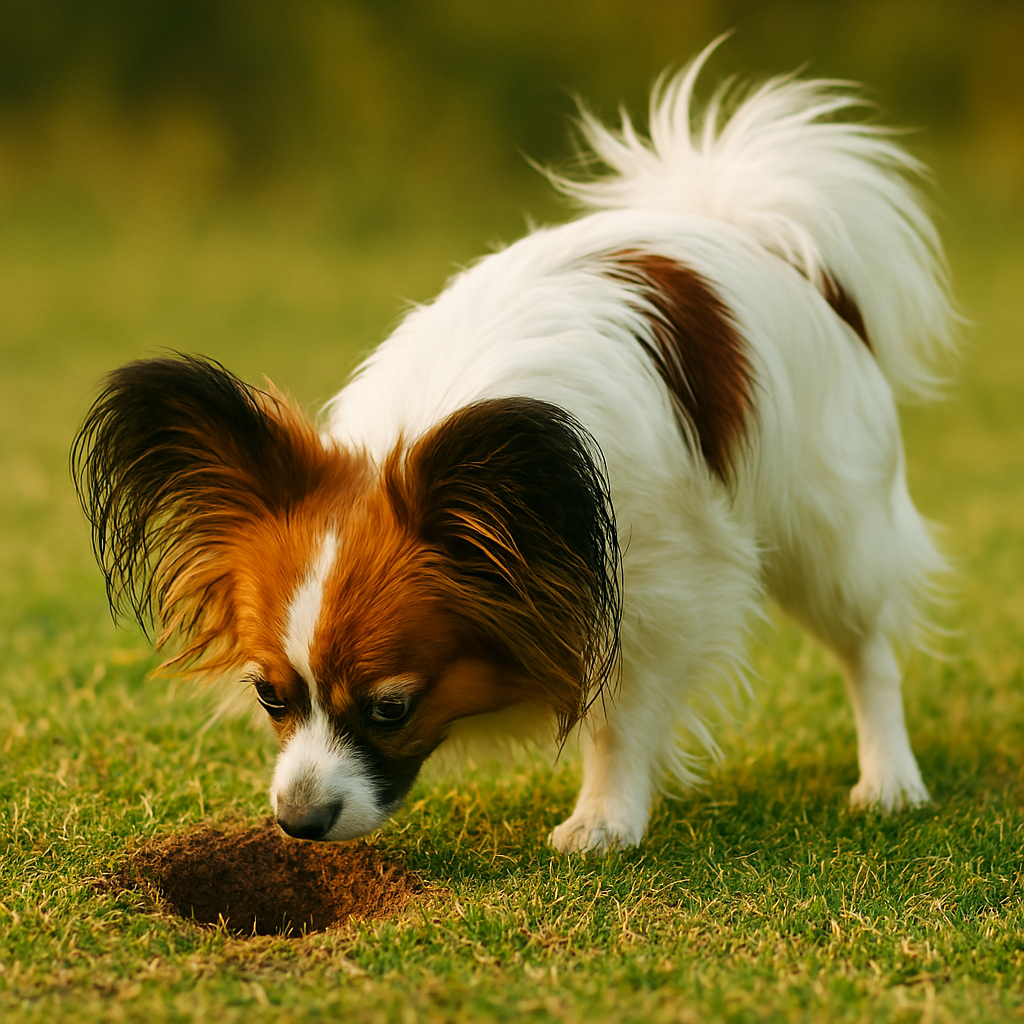 papillon at a chipmunk hole